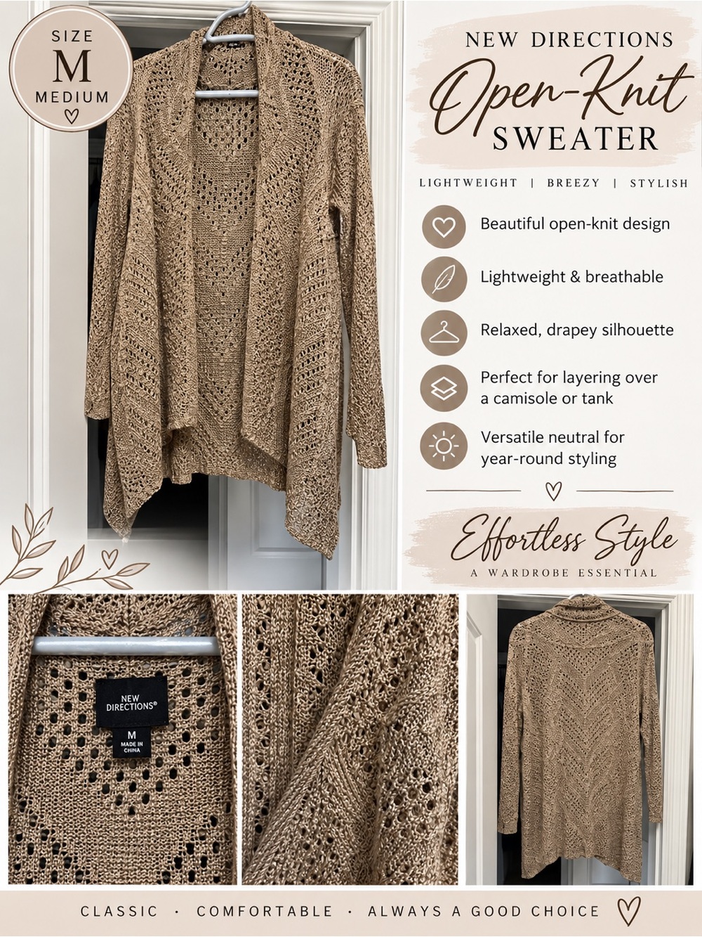 New Directions Open-Knit Lightweight Sweater Taupe Medium